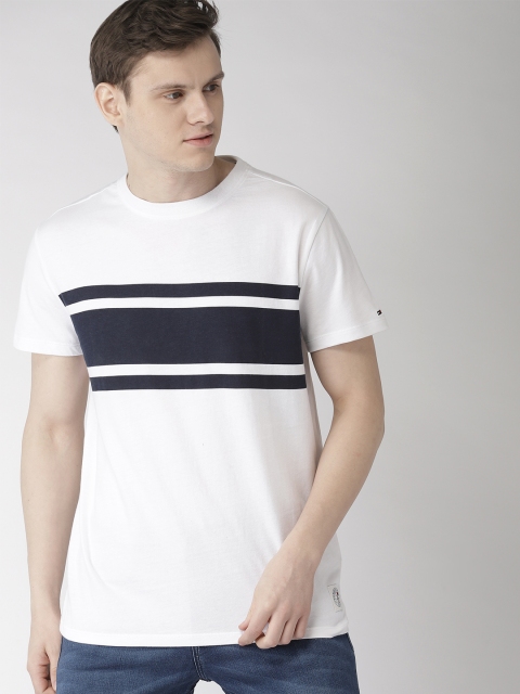 

Tommy Hilfiger Men White & Navy Blue Regular Fit Striped Round Neck T-shirt