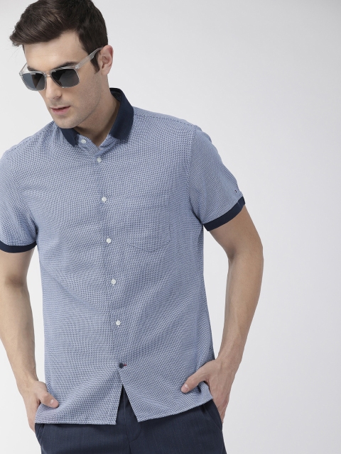 

Tommy Hilfiger Men Navy Blue & White Slim Fit Self Design Casual Shirt