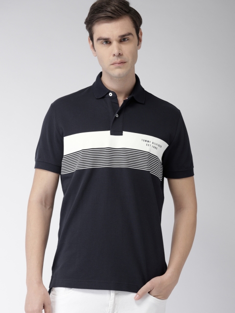 

Tommy Hilfiger Men Navy Blue And White Striped Polo Collar T-shirt