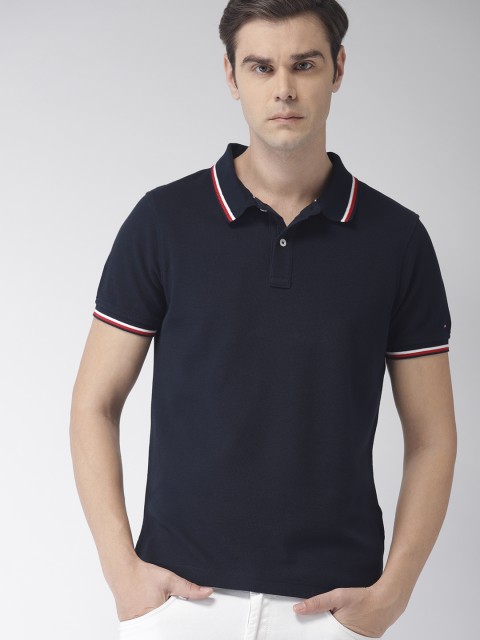 

Tommy Hilfiger Men Navy Blue Solid Slim Fit Polo Collar T-shirt