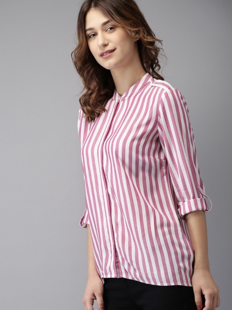 

HERE&NOW Women White & Purple Regular Fit Striped Casual Shirt