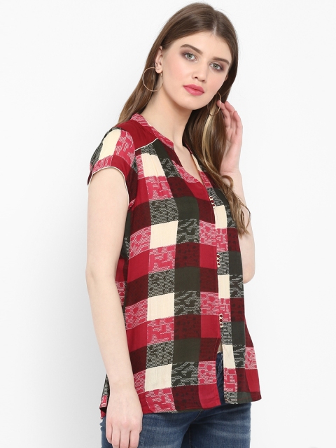 

Mytri Women Maroon Checked Shirt Style Top