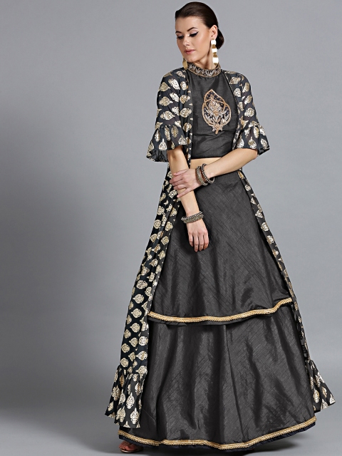 

Chhabra 555 Women Charcoal Grey Made to Measure Lehenga with Blouse & Ethnic Jacket