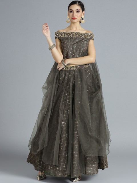 

Chhabra 555 Charcoal Grey & Golden Net Khari Print Stitched Made to Measure Lehenga Choli