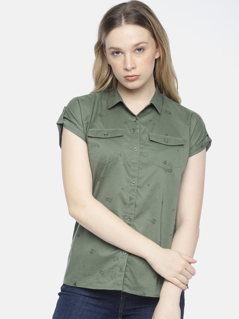 

Wrangler Women Olive Green Ashley Regular Fit Printed Casual Shirt