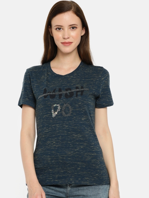

Wrangler Women Navy Blue Printed Round Neck T-shirt With Embellishments
