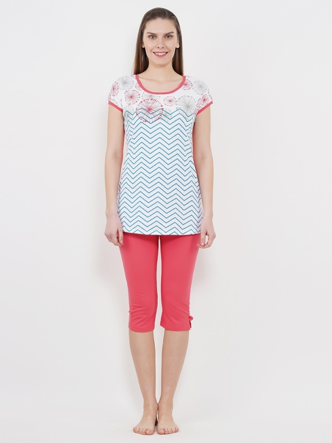 

Sweet Dreams Women White & Coral Pink Printed Night Suit 2221A9