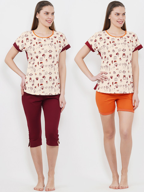

Sweet Dreams Women Cream-Coloured & Maroon Printed Night Suit 2158A9