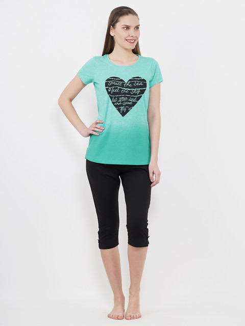 

Sweet Dreams Women Sea Green & Black Printed Night Suit 2192A9