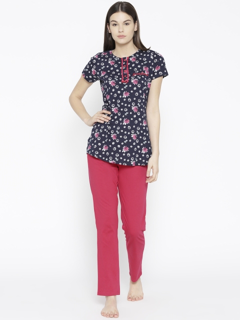 

Sweet Dreams Women Navy Blue & Pink Printed Night Suit with Lace & Embroidered Detail