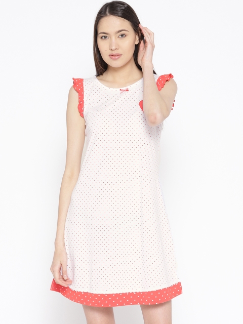 

Sweet Dreams Women White & Pink Polka Printed Nightdress