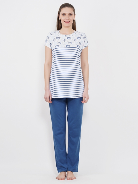 

Sweet Dreams Women White & Blue Striped Night Suit