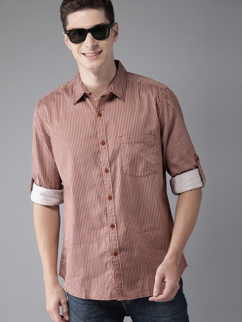 

HERE&NOW Men Rust Red Regular Fit Striped Casual Shirt