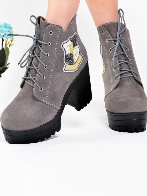 

Street Style Store Women Grey Solid Mid-Top Heeled Boots with Applique Detail