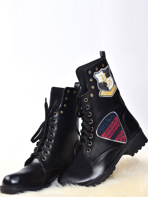 

Street Style Store Women Black Solid High-Top Flat Boots with Applique Detail