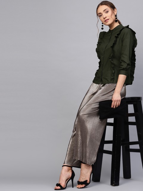 

STREET 9 Women Olive Green Regular Fit Solid Ruffled Casual Shirt
