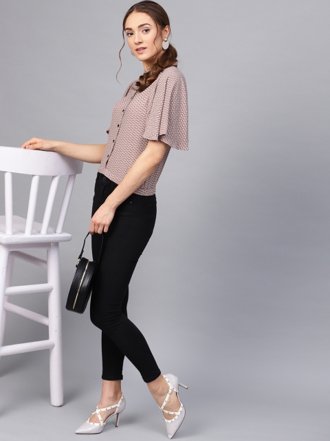 

STREET 9 Women Dusty Pink & Black Printed Shirt Style Crop Top
