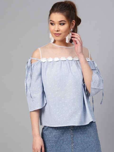 

STREET 9 Women Blue & White Striped Boxy Top with Net Inserts
