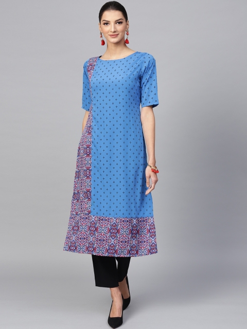 

Ives Women Blue & Maroon Printed Straight Kurta
