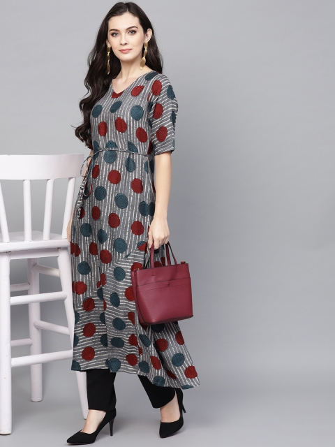 

Ives Women Grey & Teal Blue Printed A-Line Kurta