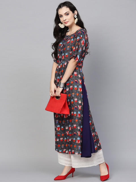 

Ives Women Charcoal Grey & Red Quirky Print A-Line Kurta