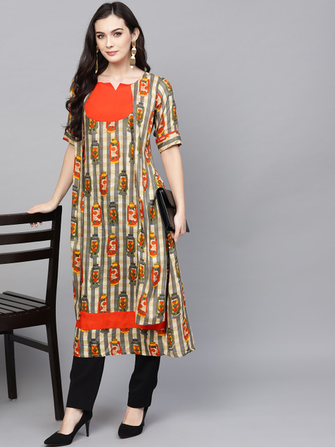 

Ives Women Beige & Green Printed Layered A-Line Kurta