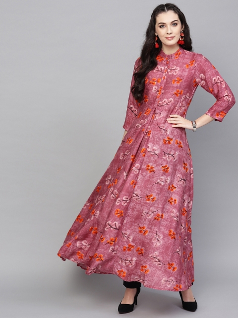 

Ives Women Mauve & Orange Floral Printed A-Line Kurta