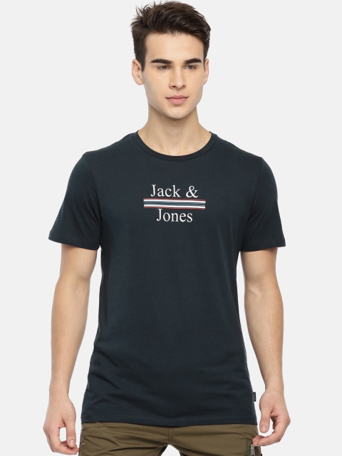 

Jack Jones Men Navy Blue Printed Round Neck Pure Cotton T-shirt