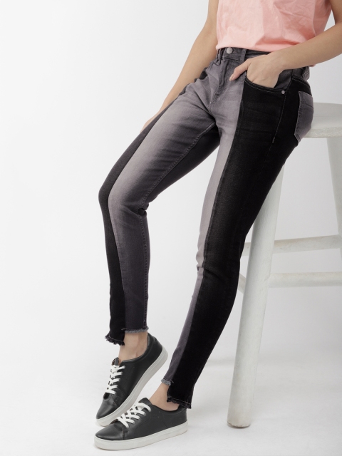 

Mast & Harbour Women Grey & Black Skinny Fit Mid-Rise Clean Look Colourblocked Jeans