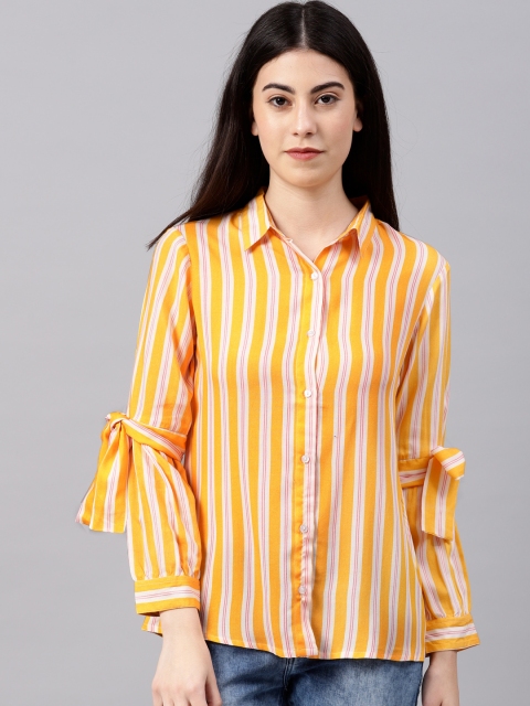 

NUSH Women Yellow & White Regular Fit Striped Casual Shirt with Tie-Up Detail