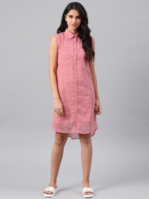 

NUSH Women Peach-Coloured Self Design Shirt Dress