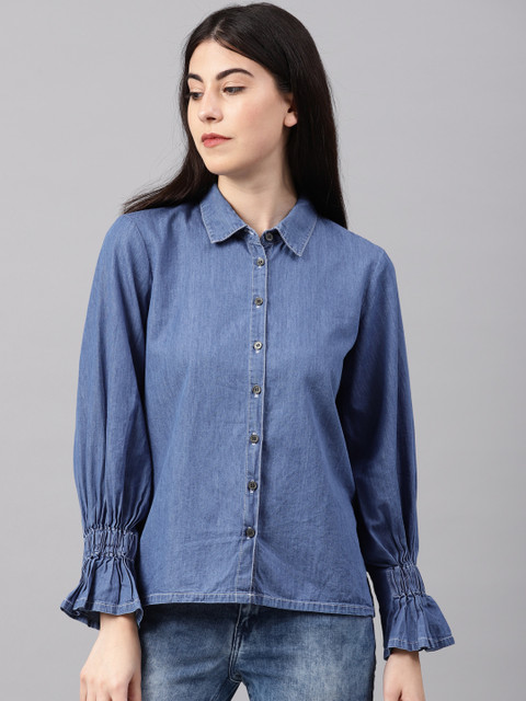 

NUSH Women Blue Regular Fit Solid Chambray Casual Shirt