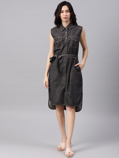 

NUSH Women Black Solid Shirt High-Low Chmabray Dress