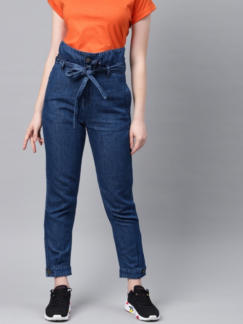 

NUSH Women Navy Blue Regular Fit Solid Denim Peg Trousers
