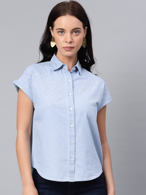 

NUSH Women Blue Regular Fit Chambray Embroidered Casual Shirt