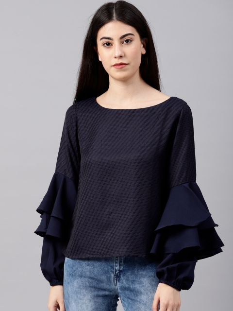 

NUSH Women Navy Self Design Top, Navy blue