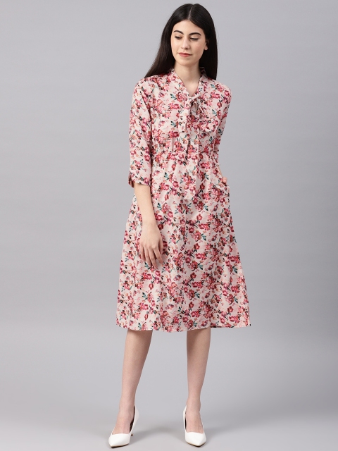 

NUSH Women Peach-Coloured Printed Fit and Flare Dress