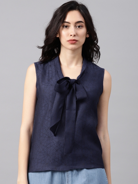 

NUSH Women Navy Self Design Tie-Up Neck Top, Navy blue