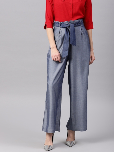 

NUSH Women Blue Regular Fit Solid Chambray Parallel Trousers