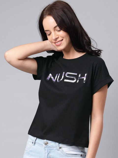 

NUSH Women Black Self Design Round Neck T-shirt