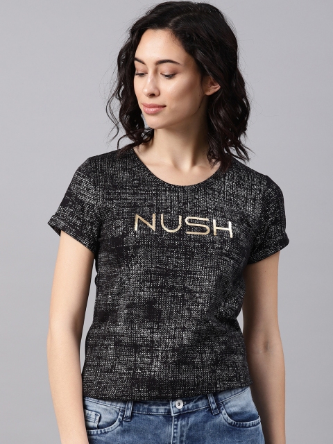 

NUSH Women Black Printed Round Neck T-shirt