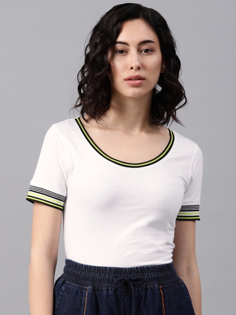 

NUSH Women White Solid Round Neck T-shirt