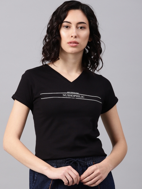 

NUSH Women Black Printed V-Neck T-shirt