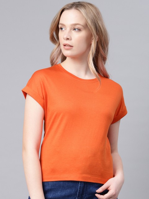 

NUSH Women Orange Solid Round Neck T-shirt
