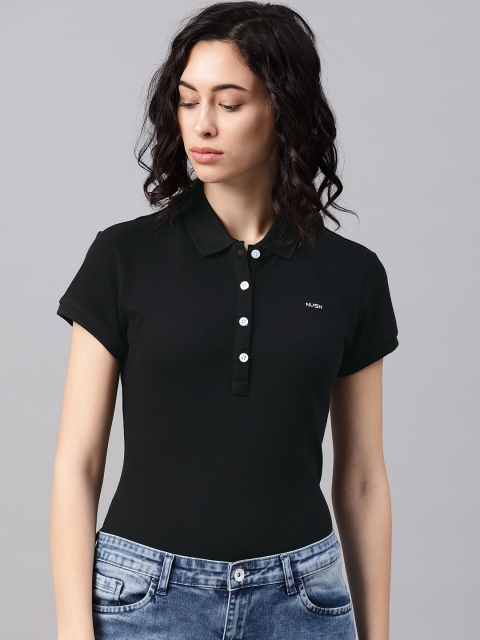 

NUSH Women Black Solid Polo Collar T-shirt