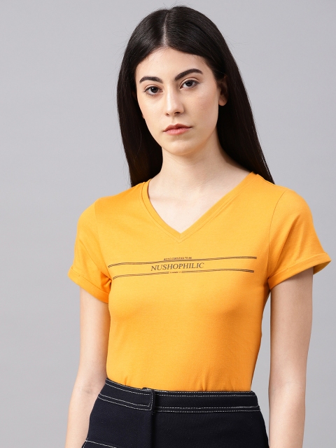 

NUSH Women Mustard Yellow Rubber Printed V-Neck T-shirt