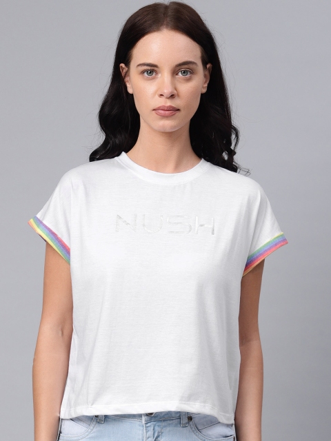 

NUSH Women White Printed Round Neck T-shirt