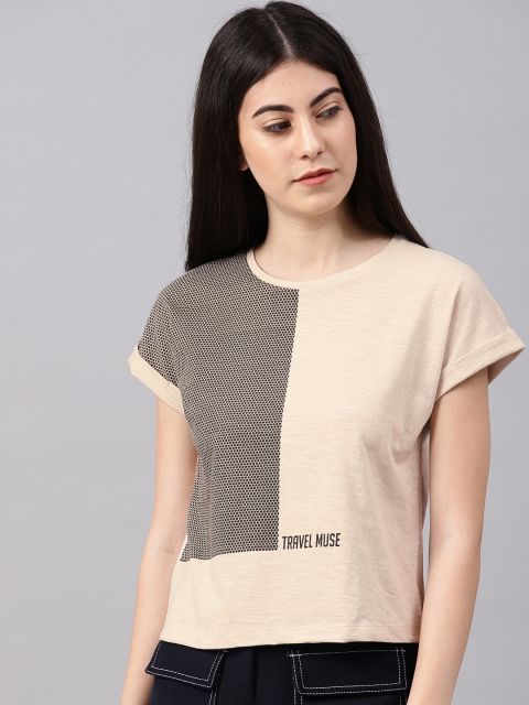 

NUSH Women Beige & Black Printed Round Neck T-shirt