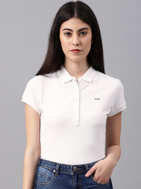 

NUSH Women White Solid Polo Collar Pure Cotton T-shirt