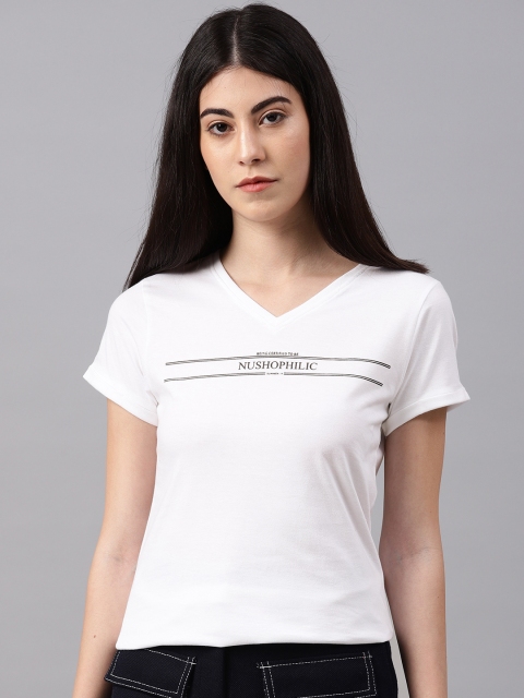 

NUSH Women White Printed V-Neck T-shirt